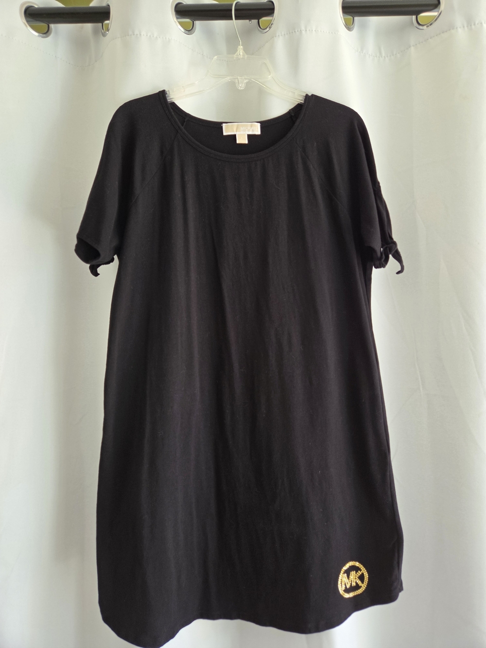 Michael Kors Black Tie-Sleeve T-Shirt Dress with Gold MK Logo - Size L
